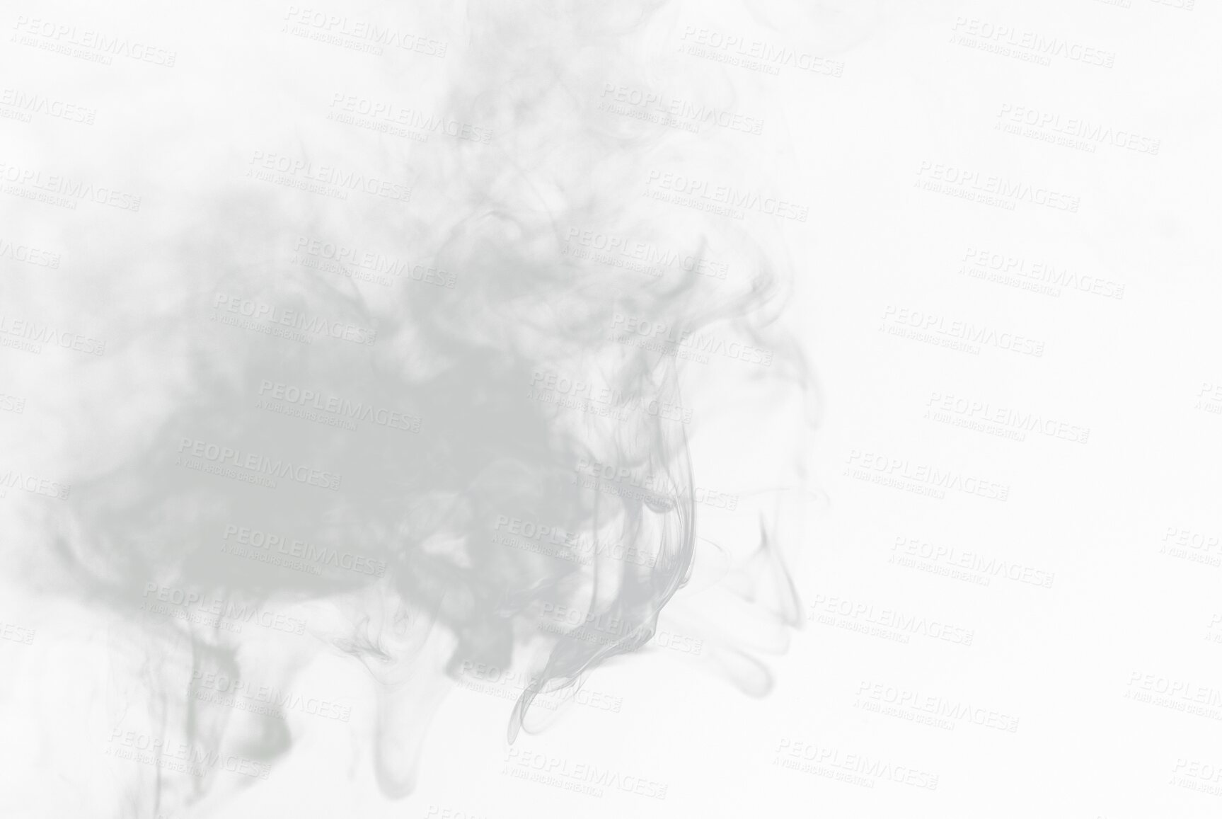 Buy stock photo Gray smoke, smog or abstract in a studio with no people for a smokey effect for creative art. Pollution, smoking or fog in the air from a cigarette or incense for creativity by a white png background