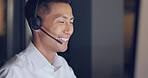 Call center, consultant and man, face and CRM, phone call with contact us communication and headset. Telemarketing, customer service or tech support, talk to client and happy Asian man with help desk