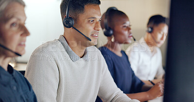 Call center, business people and team communication, global office and telemarketing diversity. Telecom, technical support or virtual help desk agent, consultant or ecommerce worker talk on computer
