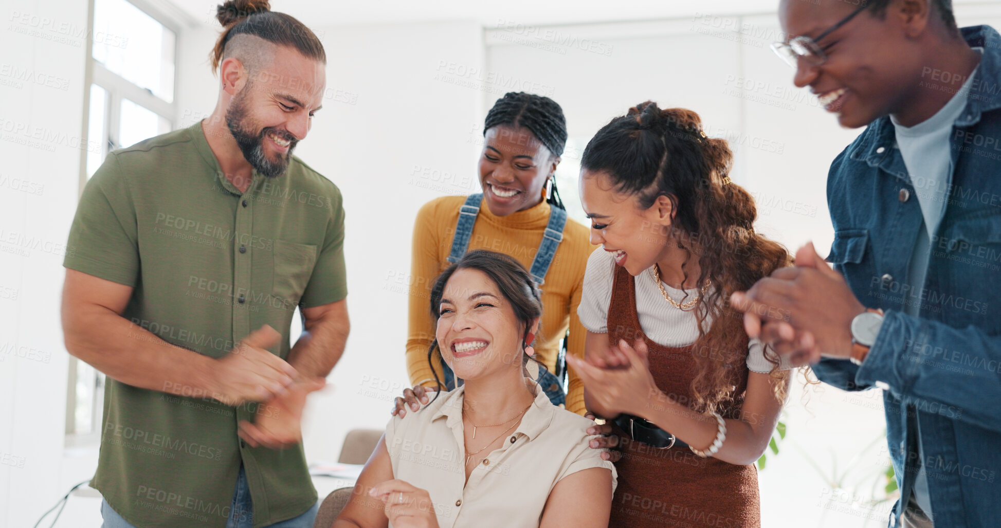 Buy stock photo Happy woman, teamwork in office and applause for celebration in sales target, business deal or excited. Female professional, employee support or career growth achievement together, bonus or happiness