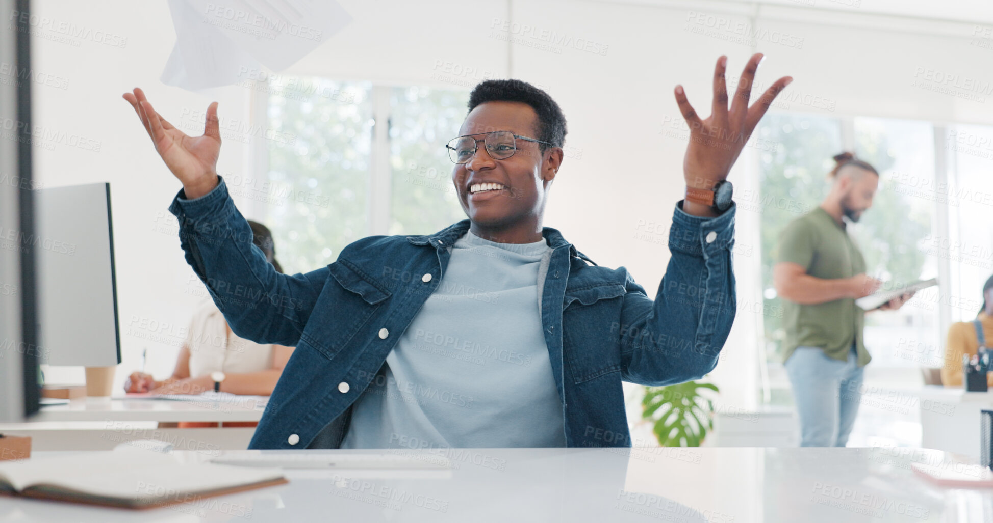 Buy stock photo Celebration, excited and a black man throw paper in office for goals, targets or achievement. Winner, documents in air and happy male employee with freedom, happiness business success and victory