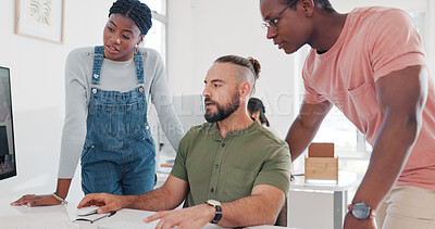 Training, coaching and business people with computer in office for helping coworker with project. Teamwork, collaboration or group of employees on pc teaching man with question, talking and mentoring