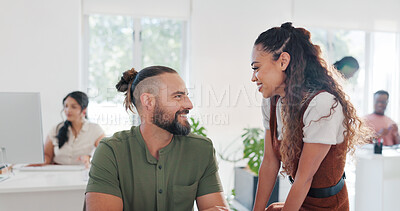 Flirting, planning and talking business people at work, funny conversation and happiness in an office. Comic, communication and smiling woman being flirtatious with a man while working together