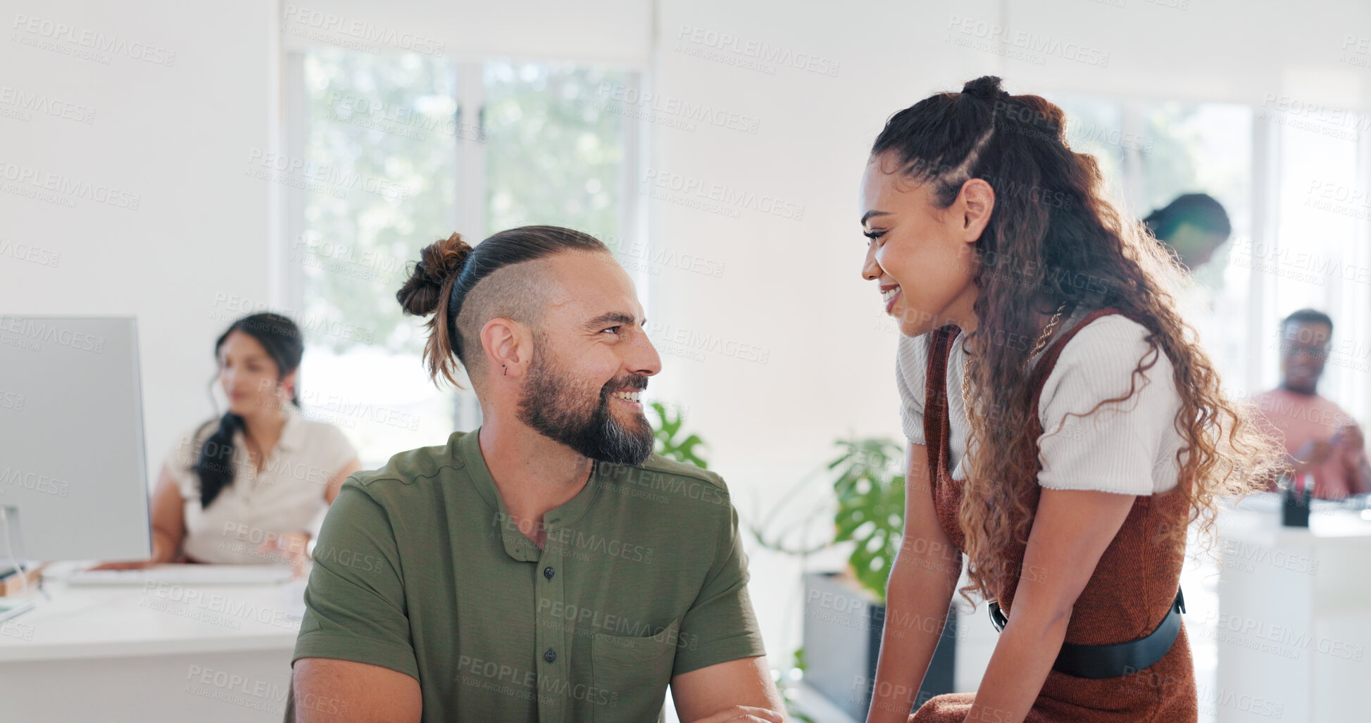 Buy stock photo Flirting, smile or planning at office, business and work with conversation, happiness or connection. Communication, working and friendly as colleagues, friends and teammates at workplace, job or team