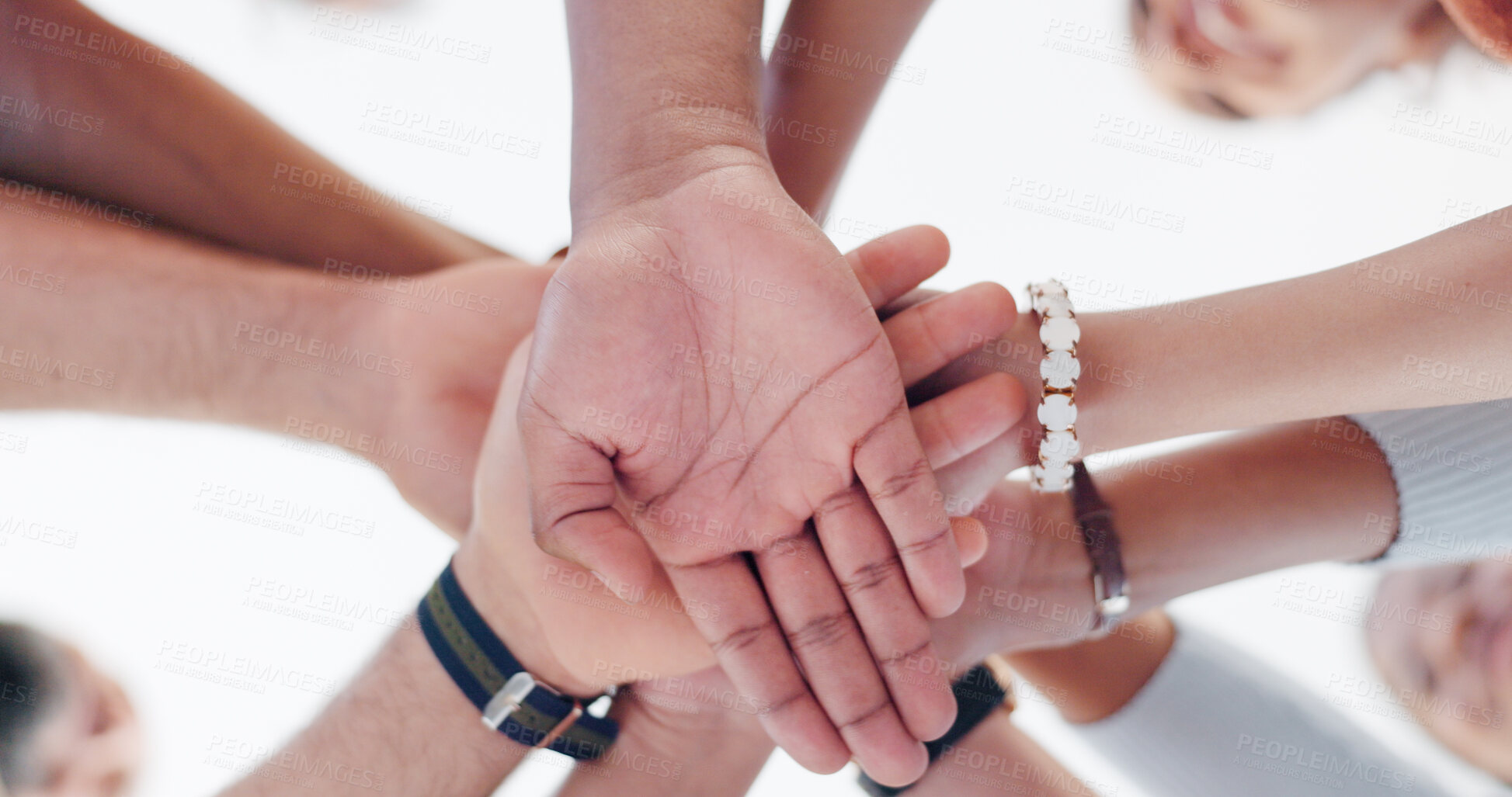 Buy stock photo Teamwork, hands and solidarity for team building, success and motivation. Low angle, support and employees in collaboration, company goal and mission in agreement, unity and workplace partnership