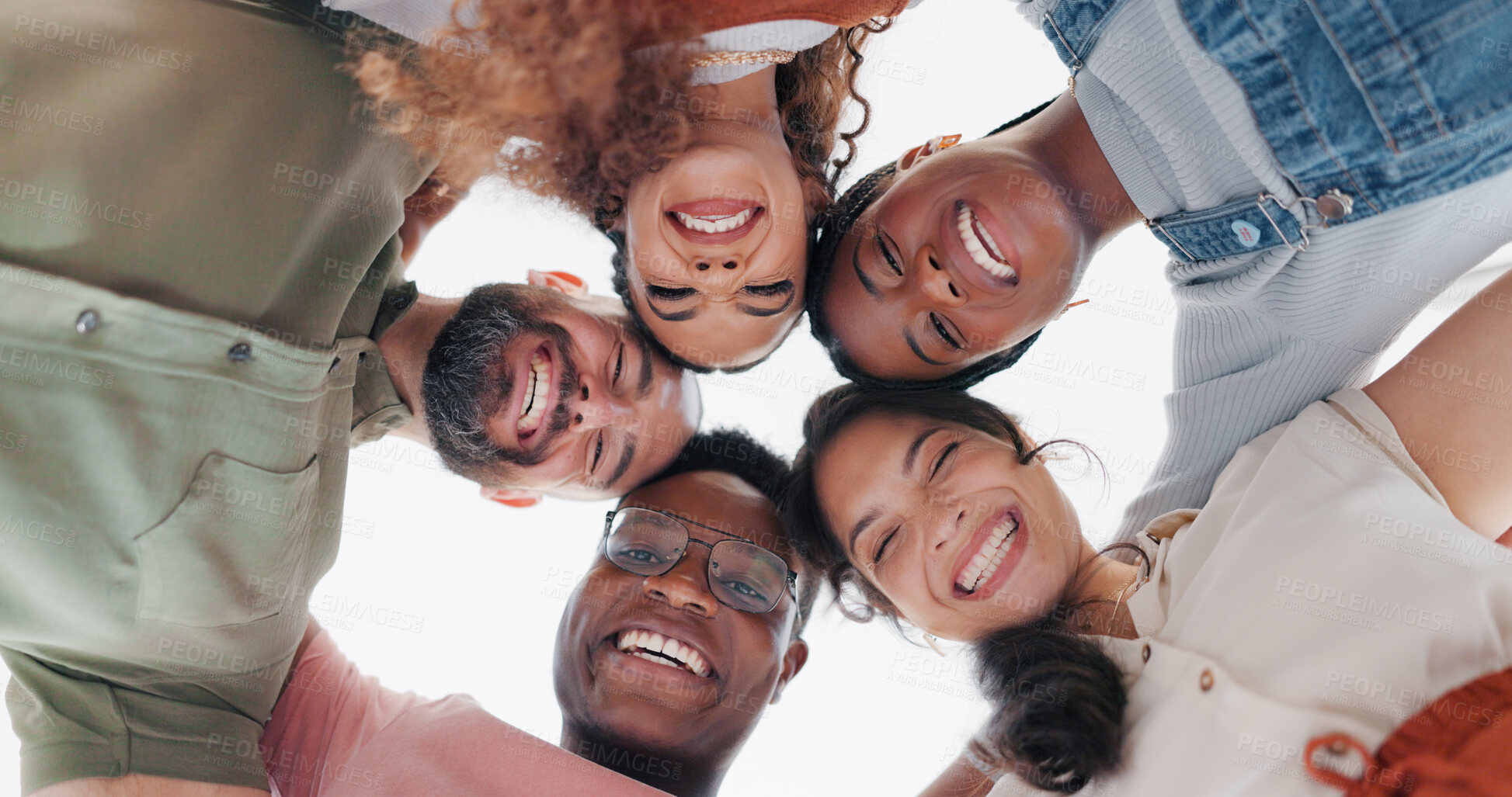 Buy stock photo Diversity, teamwork and huddle in unity, business and employees for support, community and happiness. Low angle, target and solidarity with employer for collaboration, success and goal achievement