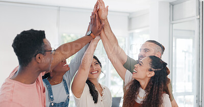Teamwork, applause and business people with hands stack in office for motivation, team building or unity. Celebration, clapping and group of happy employees in huddle for goals, targets or mission.