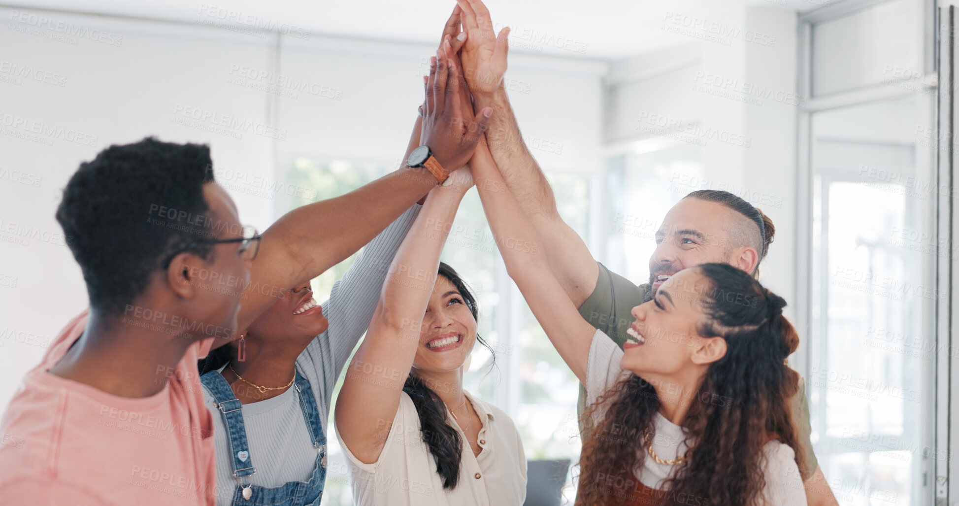 Buy stock photo Business team, hands and stack or celebration goals for sales targets, deal or collaboration Diversity employee, partners and work office huddle for happiness or applause, support or company pride