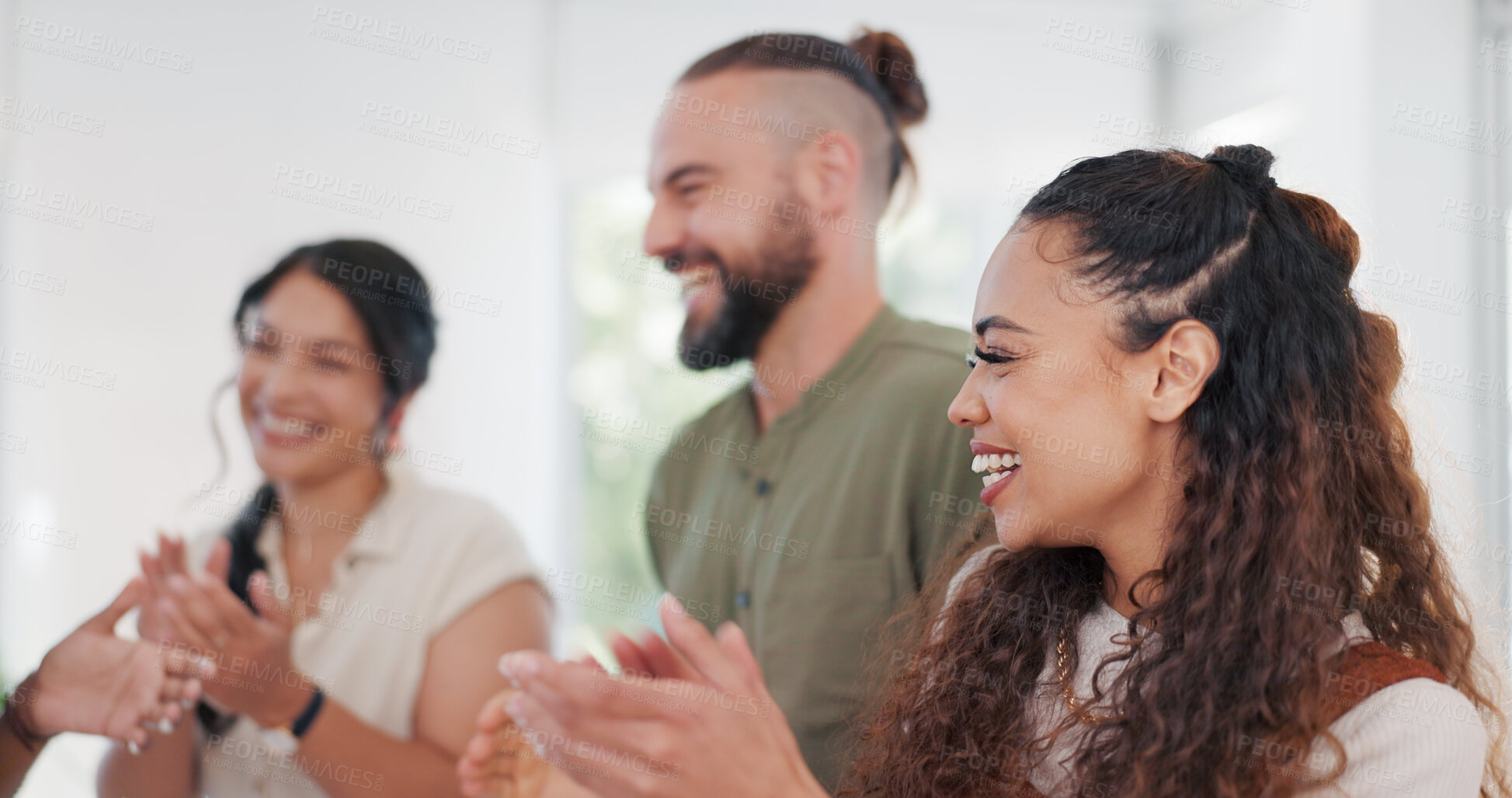 Buy stock photo Collaboration, success and applause with a business team in an office together for a deal or bonus celebration. Support, motivation or winner with an employee group clapping for a workplace promotion