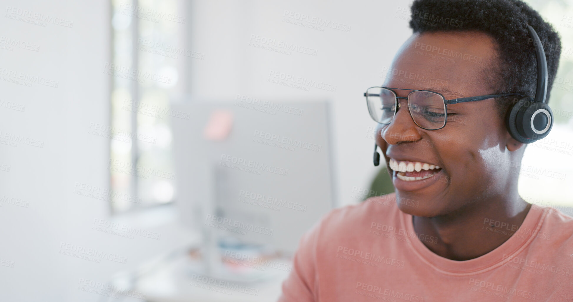 Buy stock photo Call center, telemarketing and man consultant in the office with an online consultation. Smile, contact us and happy African male telemarketing agent working on crm with headset in modern workplace.