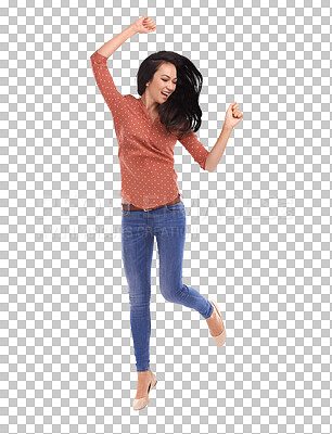 A Woman, happy and jumping for success, freedom and achievement. Yes, person smile and air jump dancing for happiness, excited energy and lifestyle motivation isolated on a png background