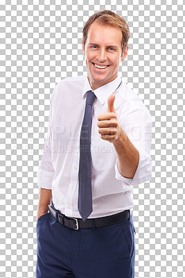 A content businessman or employee encourages the achiever by giving a thumbs up for a job well done isolated on a png background.