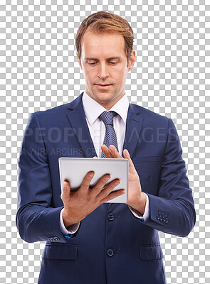 With a stern look, a stylish young stockbroker uses his tablet to purchase or sell a high-value stock solated on a png background.