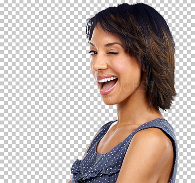 A Black woman, portrait or wink for fashion clothes deal, promotion or marketing sales. Zoom, playful face or model facial expression, emoji or ideas on advertising space isolated on a png background