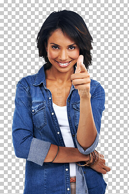 Happy, smile and portrait of black woman pointing a finger for motivation, pride and confidence. Content, excited and model with hand gesture, positivity and empowerment isolated on a png background