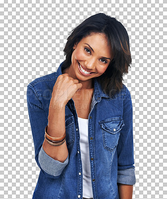 A Portrait, fashion and denim with a model black woman for style. Marketing, advertising and branding with an attractive young female posing on blank space isolated on a png background
