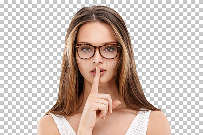 Secret, portrait and woman with glasses, lips and finger in studio, isolated on a png background and privacy. Face, female model and silence gesture on mouth for quiet, shush hands and gossip to whisper