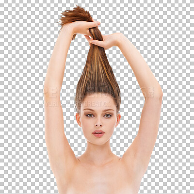Beauty, hair and portrait of a woman with cosmetics, hairdresser and shampoo product results. Female model on isolated on a png background for keratin treatment and salon shine and growth advertising in studio