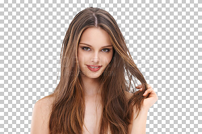 Beauty, hair care and portrait of a woman with makeup, cosmetics and shampoo product results. Female model on isolated on a png background for hairdresser and salon advertising for growth and shine in studio