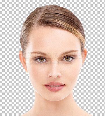 Portrait, beauty and skincare with a model woman in studio on isolated on a png background for natural treatment. Face, makeup and cosmetics with an attractive young female posing to promote a skin product