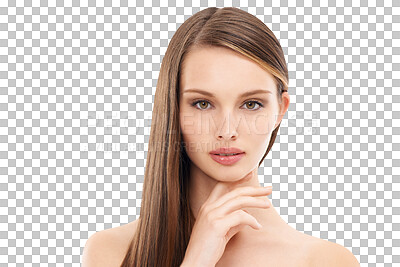 A Beauty model, skincare and portrait with brunette hairstyle, makeup cosmetics or keratin treatment for isolated self care. Woman, face and brown color in hair care growth or glow on isolated on a png background