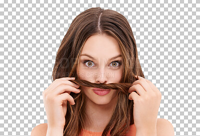 Hair moustache, funny and comic woman portrait with natural beauty with happiness. model with healthy hair care with crazy comedy, silly and face isolated on a png background