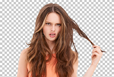 A Woman portrait, stress or angry with messy hairstyle for split ends, keratin treatment or grooming. Confused beauty model, brunette or problem hair in hair loss marketing isolated on a png background