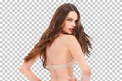 A Beauty, woman and model in underwear portrait with natural hair care. Sexy, skin and person in a studio with mock up space in a nude bra feeling beautiful standing isolated on a png background
