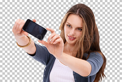 Digital phone selfie, and woman with cellphone memory picture for social media app, online website or social network. Mobile smartphone user, technology and model girl pose on isolated on a png background
