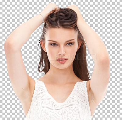 Brunette beauty model, fashion or portrait in trendy hairstyle, keratin treatment or clothes. Woman, face or brown hair color on advertising mock up for gen z dye brand isolated on a png background