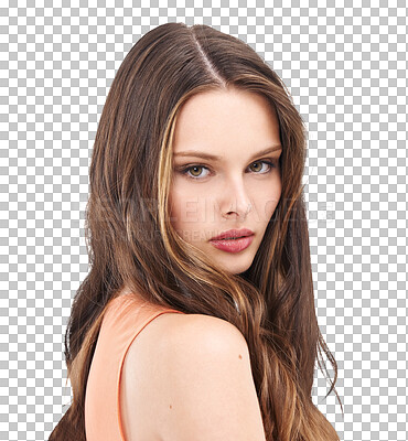 Hair, beauty and portrait of woman for wellness, keratin treatment and hair products. Salon aesthetic and girl for cosmetics, hairstyle and luxury hair care isolated on a png background