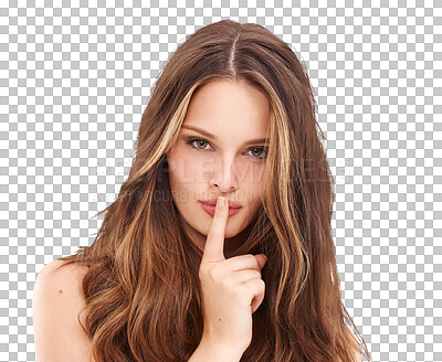 Secret, portrait and woman with finger on lips or privacy. Face, female model and silence on mouth to keep quiet, shush hands and confidential gossip to whisper isolated on a png background