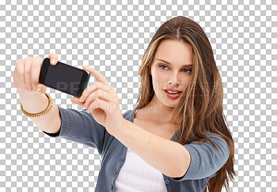 Mobile phone, selfie and woman with cellphone memory picture for social media app, online website or social network. Digital tech user, smartphone photo and model girl pose on isolated on a png background