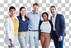 Hug, support and group of smiling businesspeople in on a corporate transparent, png background. Embrace, diversity and multicultural people excited with a positive and professional job mindset