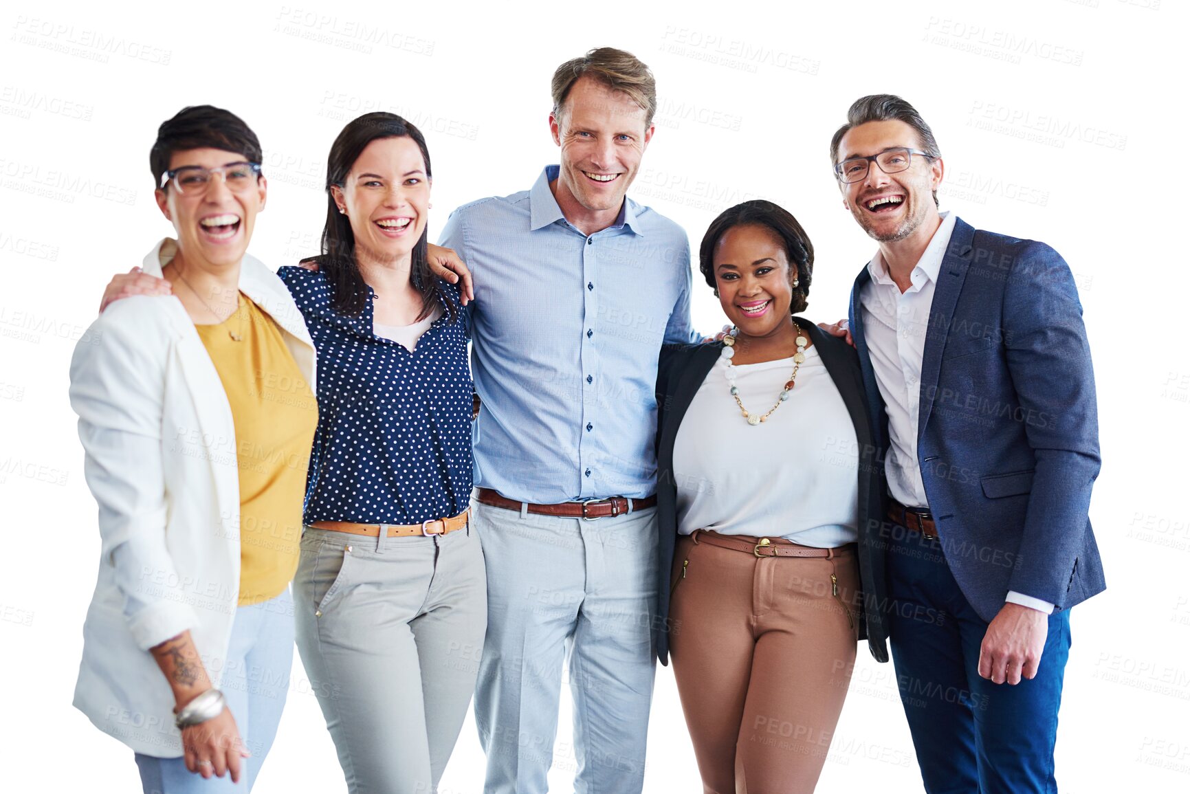 Buy stock photo Happy, teamwork and portrait of business people on png for diversity, community and support. Corporate, laughing and collaboration with employees isolated on transparent background for solidarity