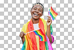 LGBT, pride and portrait of black woman with rainbow flag in support of the LGBTQ community isolated on a transparent png background. Equality, rights and bisexual, gay or lesbian African girl