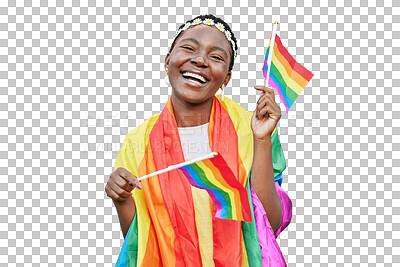 Buy stock photo LGBT, pride and portrait of black woman with rainbow flag in support of LGBTQ community. Equality, bisexual and gay or lesbian girl with flags for celebration isolated on transparent png background