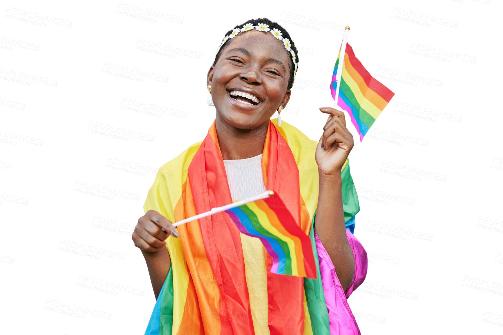 Buy stock photo LGBT, pride and portrait of black woman with rainbow flag in support of LGBTQ community. Equality, bisexual and gay or lesbian girl with flags for celebration isolated on transparent png background