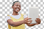 Black woman, selfie or tablet and smile, flower crown or hippie isolated on a transparent png background for social media. Happy influencer taking digital photo with face for fashion or beauty