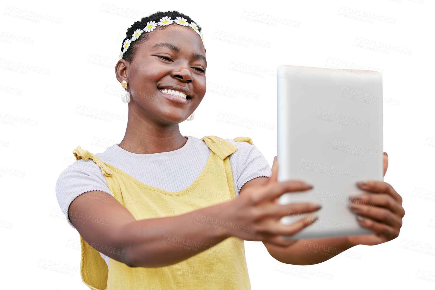 Buy stock photo Tablet, selfie and profile picture with a woman isolated on a transparent background for a status update. PNG, technology and photograph with a happy young african person browsing online social media