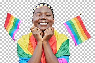 Buy stock photo LGBT, pride and a black woman with a rainbow flag in support of the gay community isolated on a transparent background. Equality, human rights and sexuality with an african lesbian eyes closed on PNG