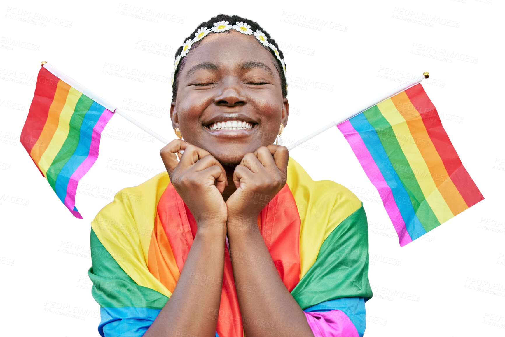 Buy stock photo LGBT, pride and a black woman with a rainbow flag in support of the gay community isolated on a transparent background. Equality, human rights and sexuality with an african lesbian eyes closed on PNG