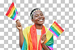 LGBT, pride and portrait of black woman with rainbow flag in support of the LGBTQ community isolated on a transparent png background. Equality, rights and bisexual, gay or lesbian African girl