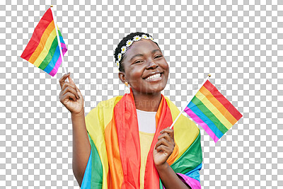 Buy stock photo LGBT, smile and portrait of black woman with rainbow flag in support of LGBTQ community. Equality, bisexual and gay or lesbian girl with pride for celebration isolated on transparent png background