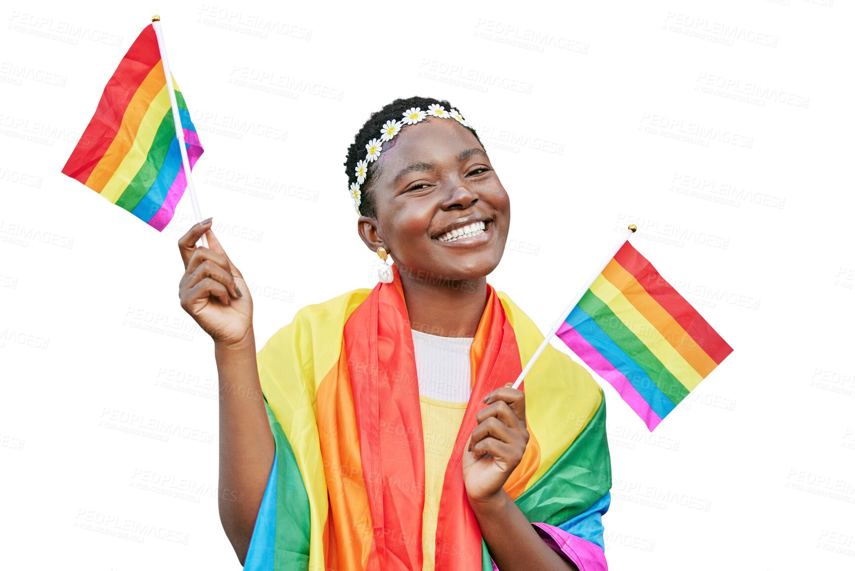 Buy stock photo LGBT, smile and portrait of black woman with rainbow flag in support of LGBTQ community. Equality, bisexual and gay or lesbian girl with pride for celebration isolated on transparent png background