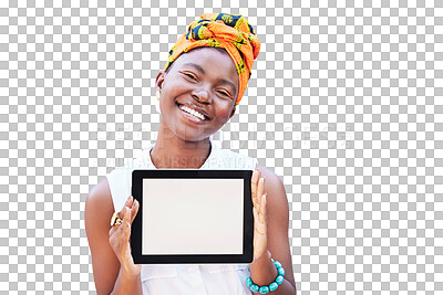 Buy stock photo Portrait, tablet and display with a black woman isolated on a transparent background for marketing. Face, smile and PNG with a happy african person showing space on a blank screen for advertising