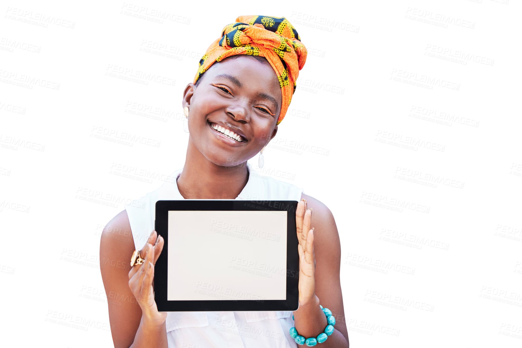 Buy stock photo Portrait, tablet and display with a black woman isolated on a transparent background for marketing. Face, smile and PNG with a happy african person showing space on a blank screen for advertising