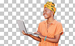 Happy, black woman and laptop for reading fashion blog, spring online shopping or post to social media isolated on a transparent png background. Smile of elegant African girl browsing with computer