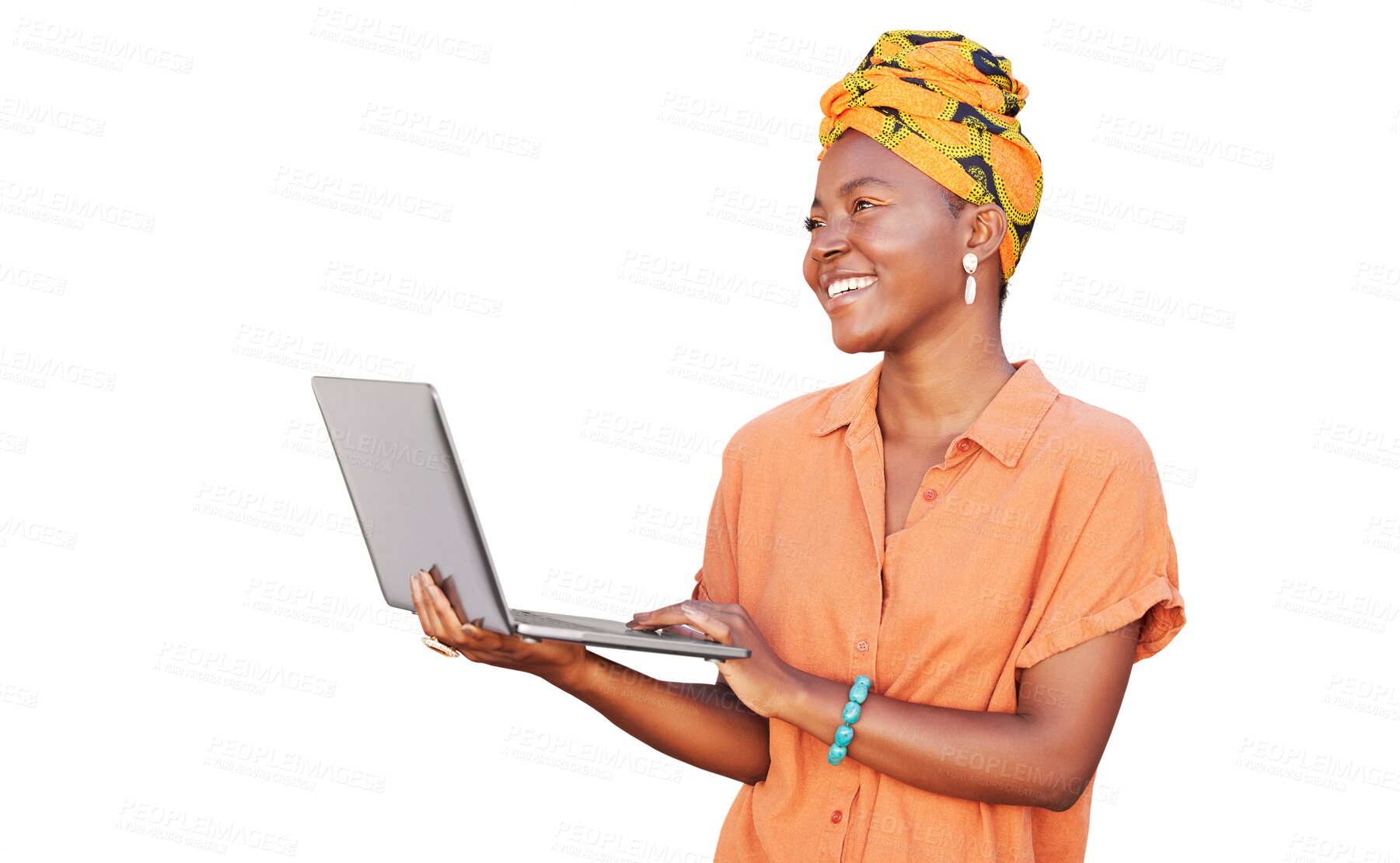 Buy stock photo Happy, laptop and African woman isolated on transparent, png background thinking of fashion inspiration or blog. Nigeria person or model typing on computer for retail, clothes ideas and social media 