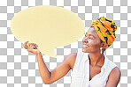 Speech bubble, communication and social media with black woman on mockup for news, vote or review isolated on transparent png background. Design, contact and chat sign with board for voice or opinion